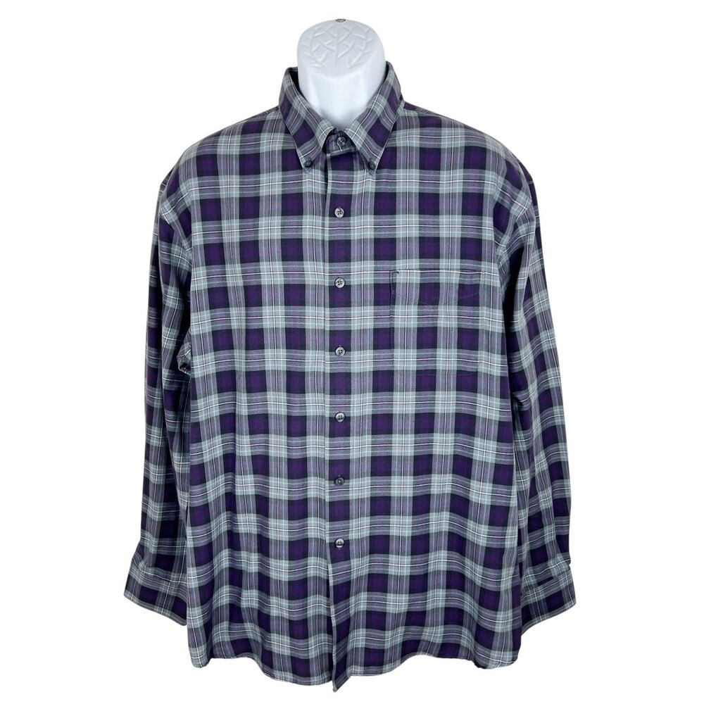 Van Heusen Button Down Shirt Men XL Purple Plaid Long Sleeve Wrinkle Free Casual